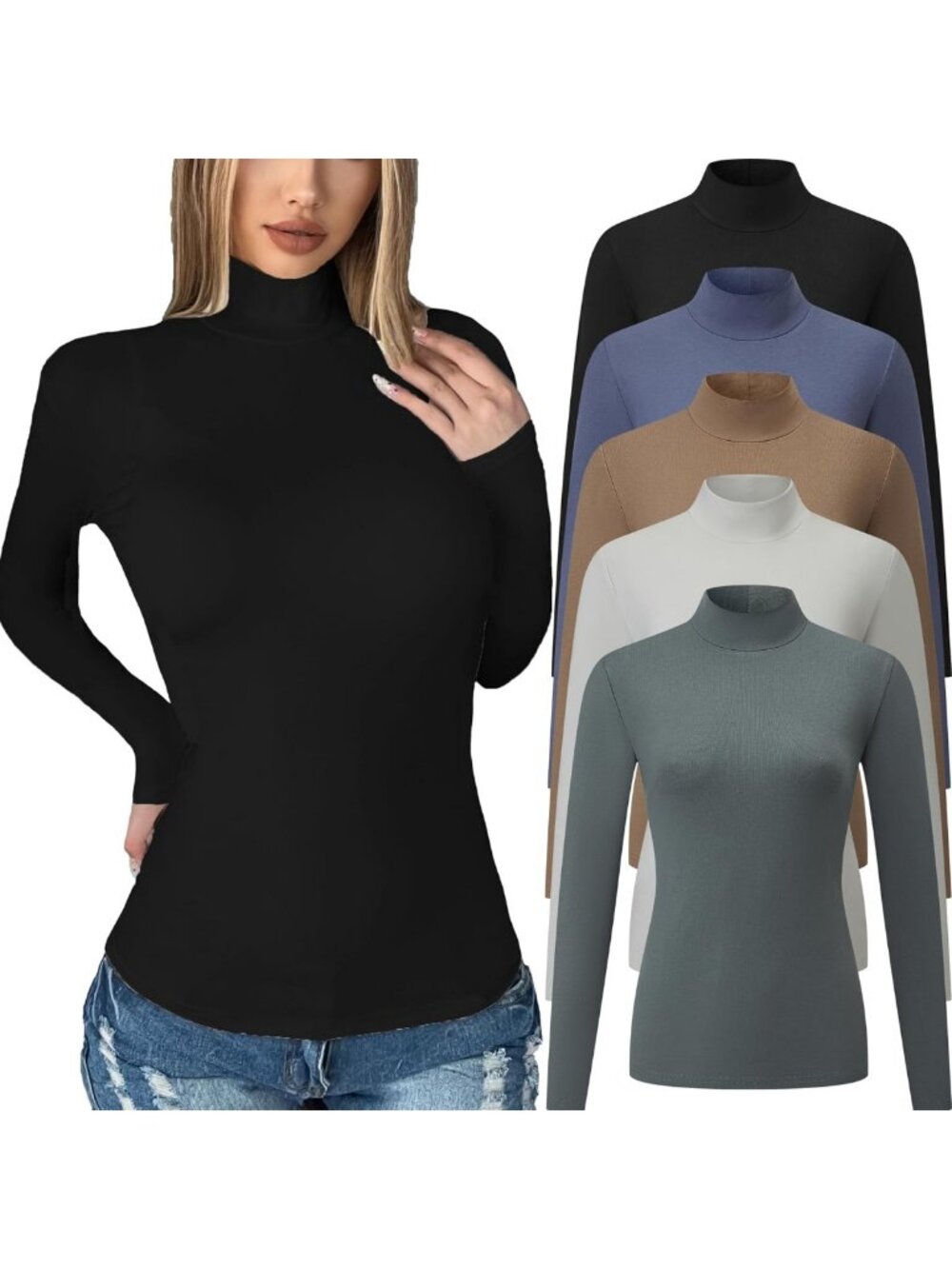 5 Pack Women's Long Sleeve Mock Turtleneck Thermal Tops - Cozy & Stylish
